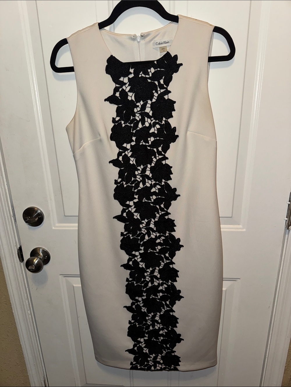 Calvin Klein Cream Midi Dress with Black Lace Center Panel
